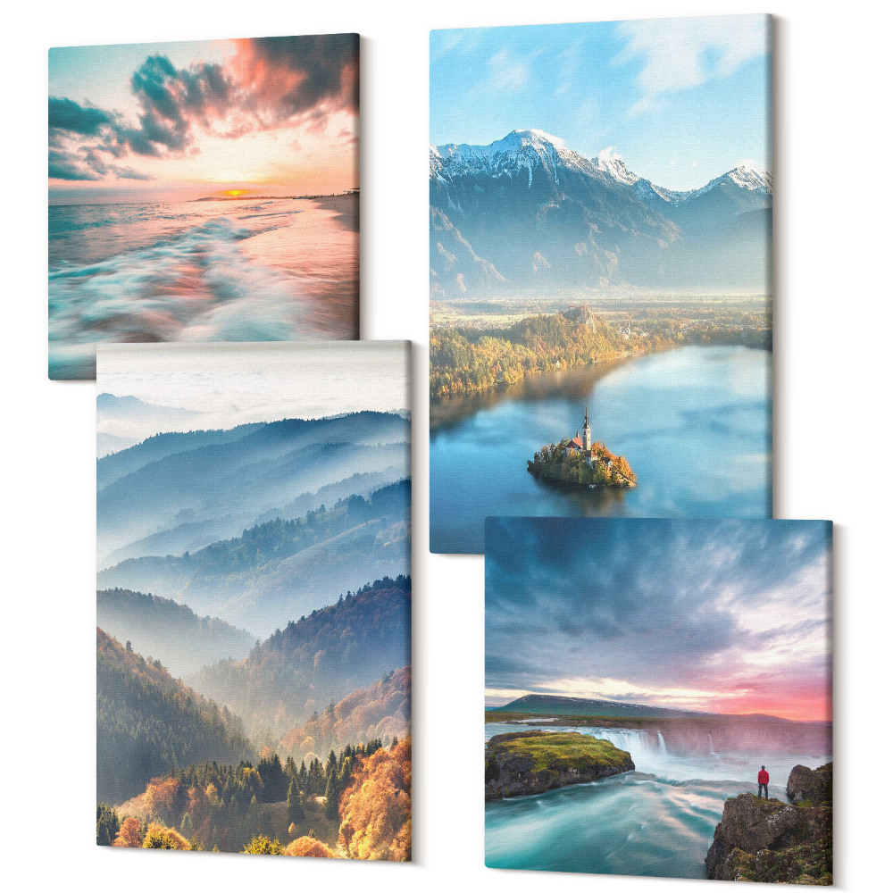 Sada obrazů na zeď kvadryptych Malebné horské krajiny a vodopády v přírodě