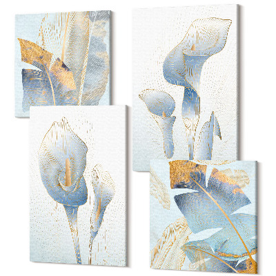Sada 4 obrazů Jemné modré květy a listy na světlém pozadí
