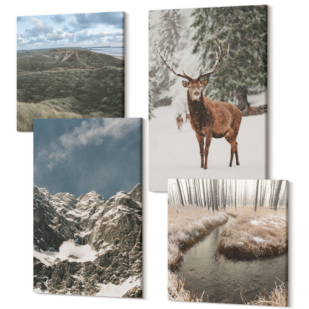 Sada obrazů kvadryptych Hory se sněhem, jeleni v lese, krajiny