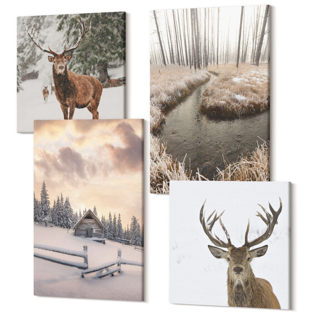 Sada obrazů na zeď kvadryptych Zimní krajina s jelení boudou a potokem