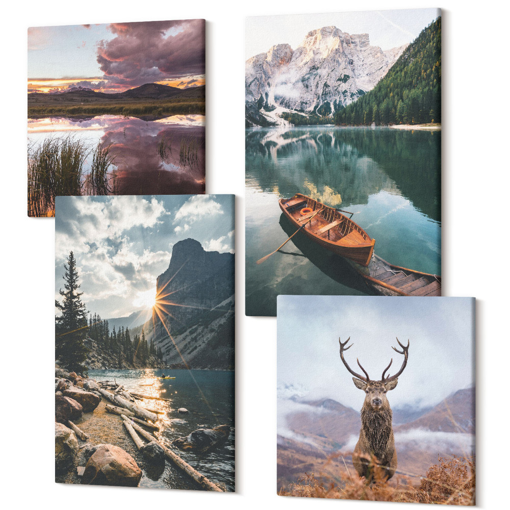 Sada 4 obrazů Horské jezero člun západ slunce jelen v přírodě