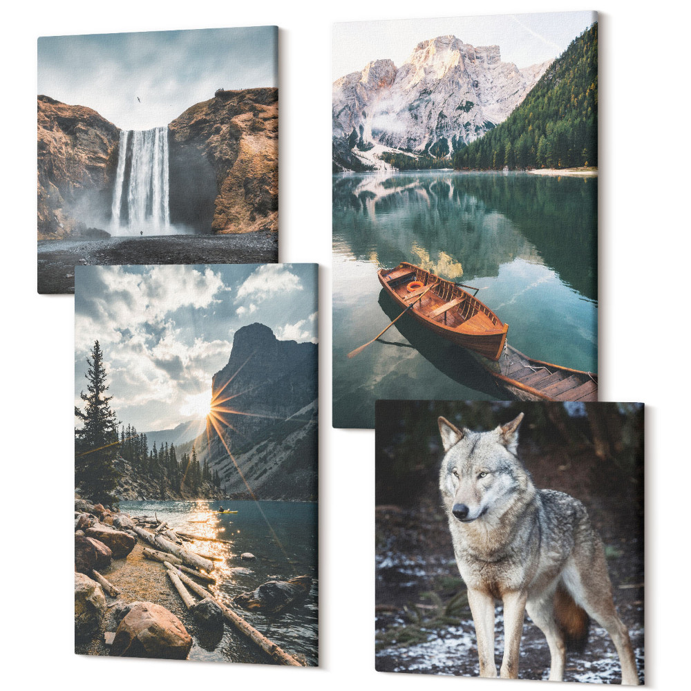 Sada obrazů kvadryptych Hory, jezera, vodopády a vlci v přírodním prostředí