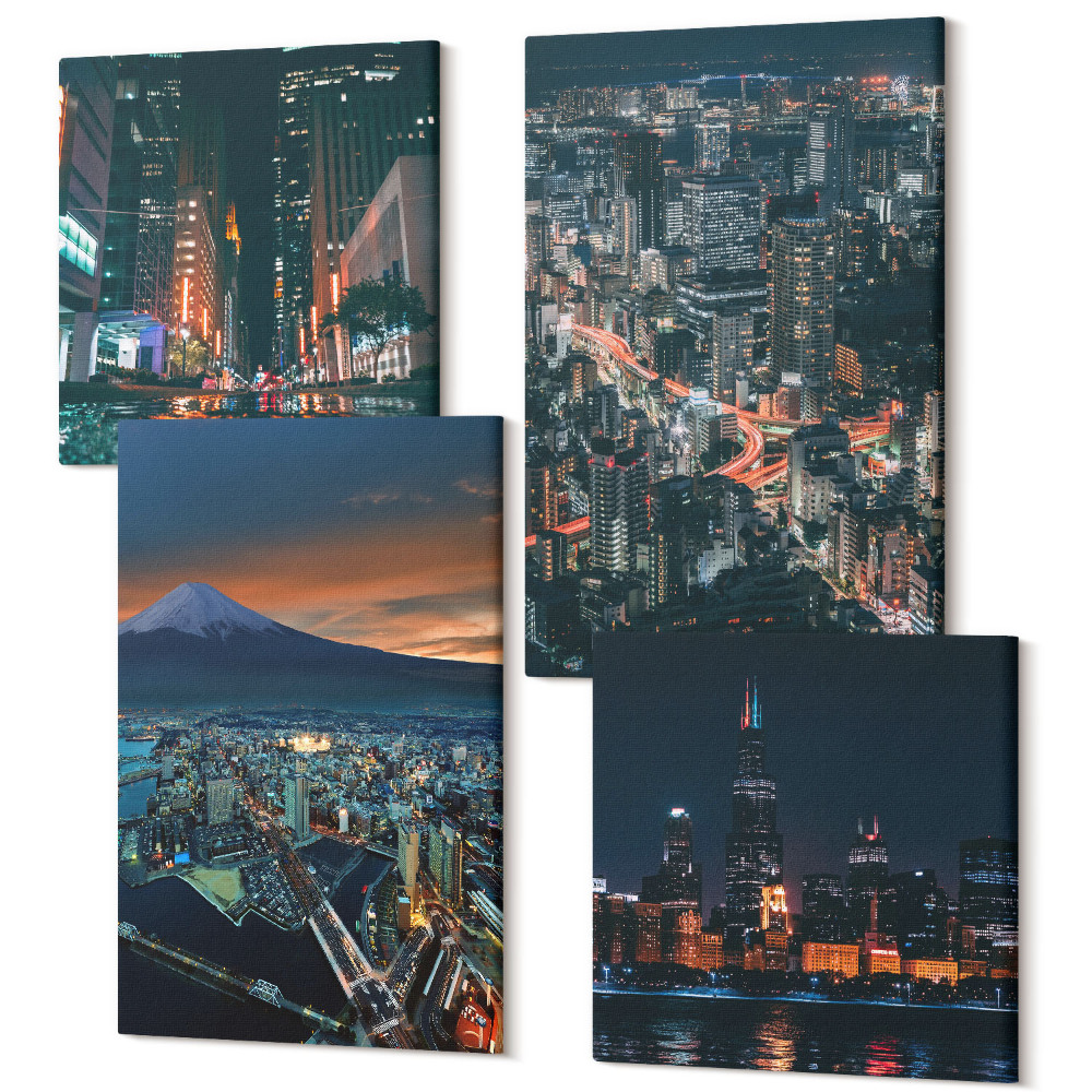 Sada obrazů kvadryptych Horský výhled na město v noci s mrakodrapy