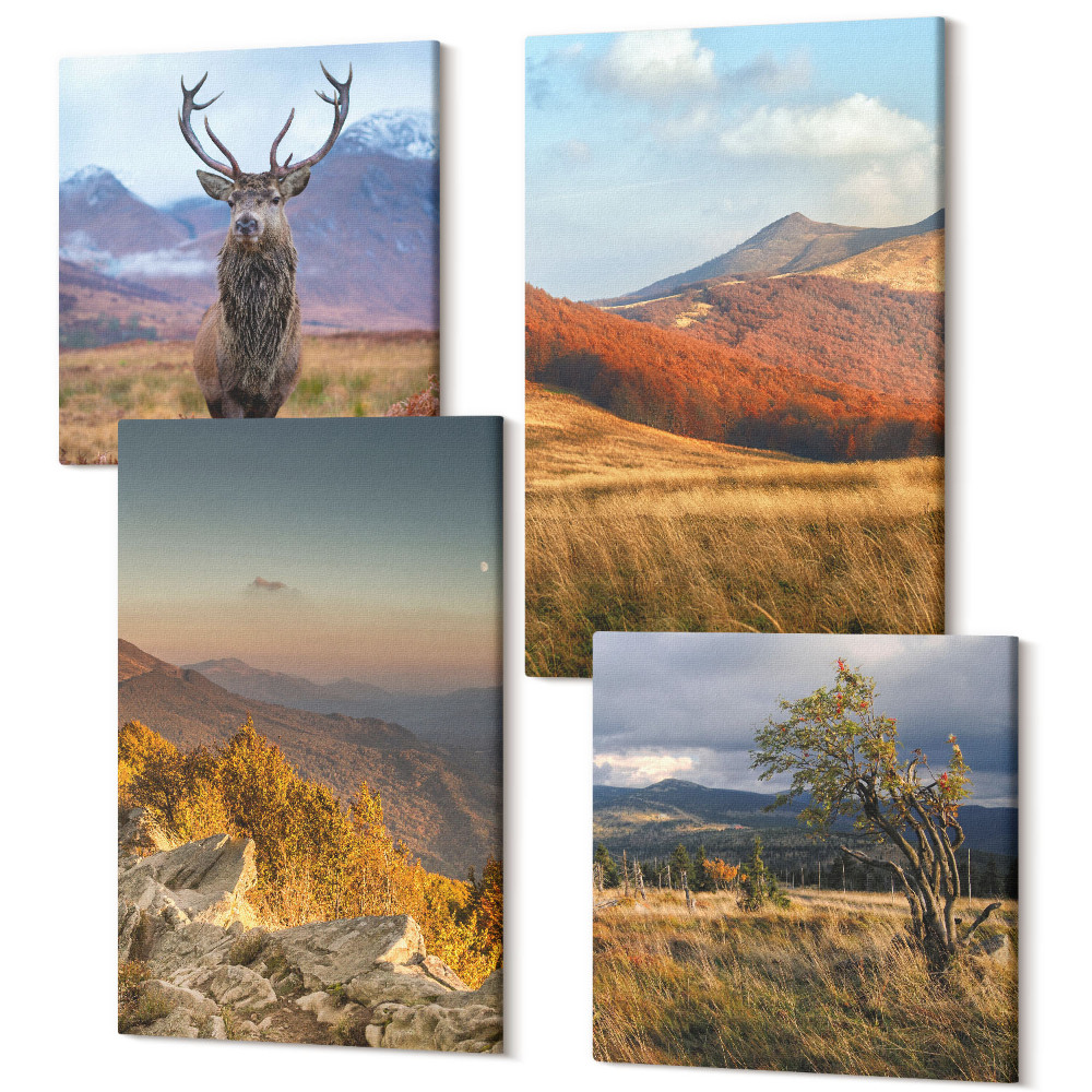 Sada obrazů na zeď kvadryptych Horské krajiny příroda hory jelen tráva paseky