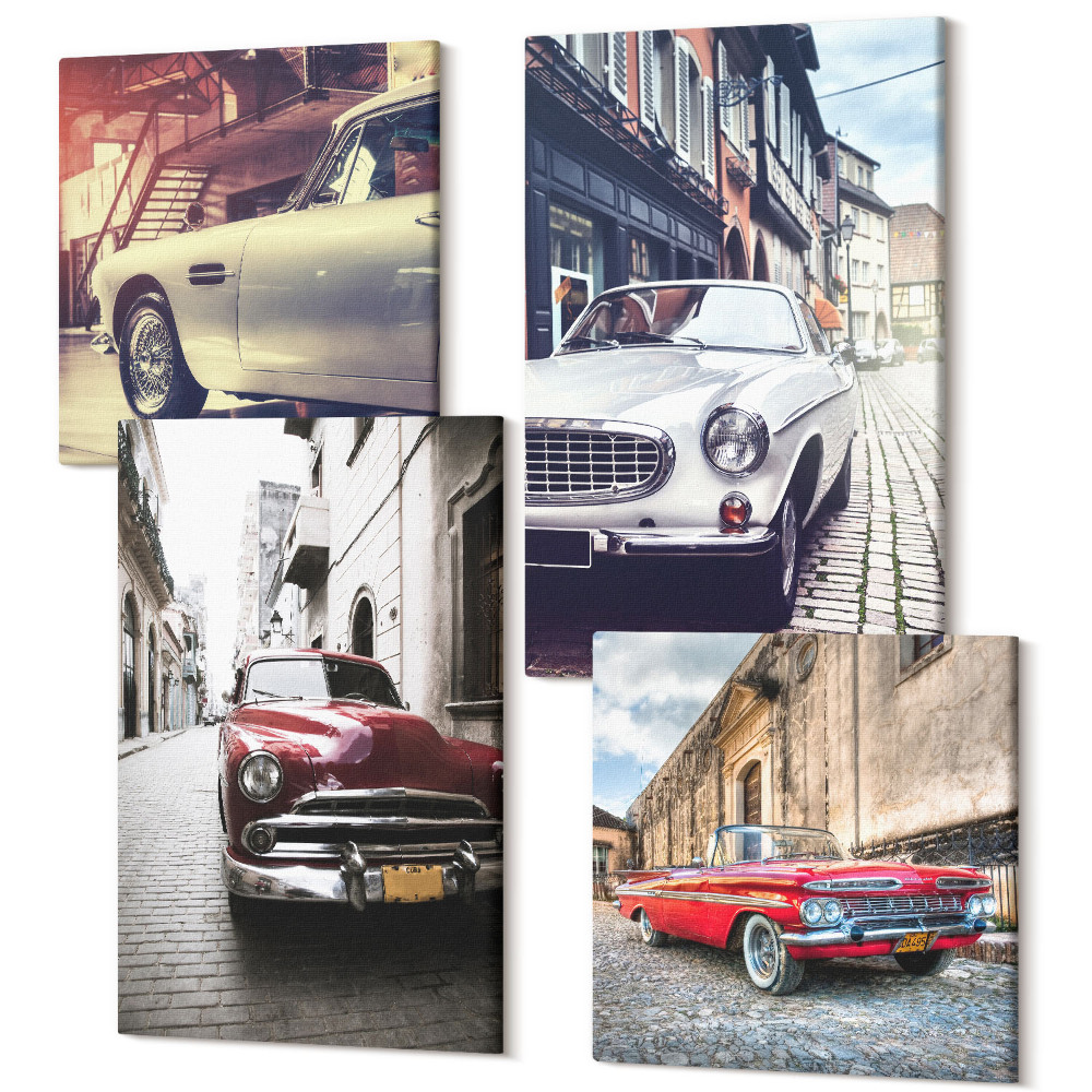 Sada obrazů kvadryptych Klasická auta v ulicích města v různých barvách