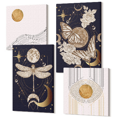 Sada 4 obrazů Přírodní motivy s měsícem, vesmírem a květinami