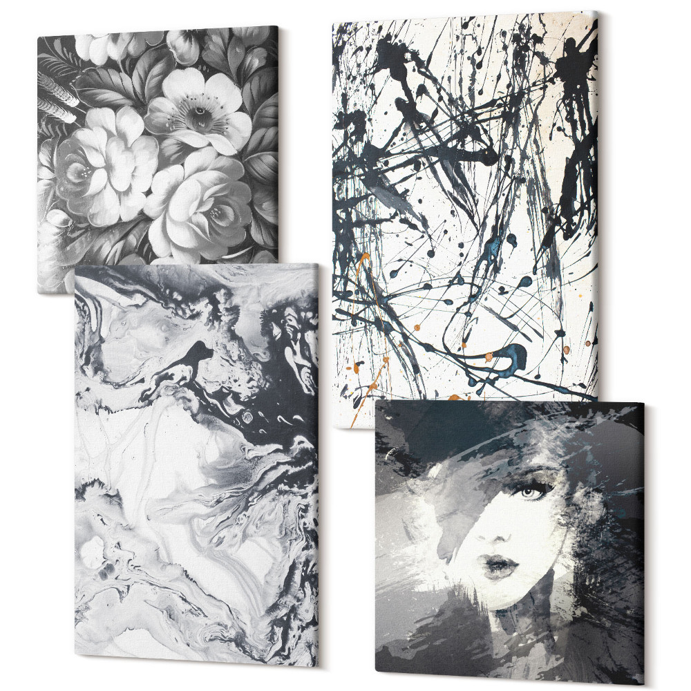 Sada 4 obrazů Abstraktní vzory v odstínech černé a bílé