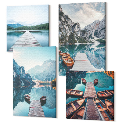 Sada obrazů na zeď kvadryptych Klidné jezero s dřevěnými moly a loděmi