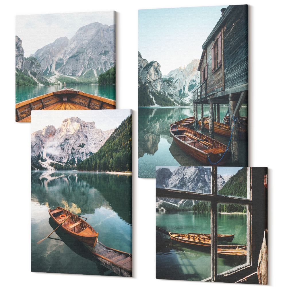 Sada 4 obrazů Pohled na horské jezero s loděmi a domem u vody