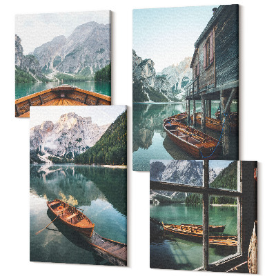 Sada 4 obrazů Pohled na horské jezero s loděmi a domem u vody