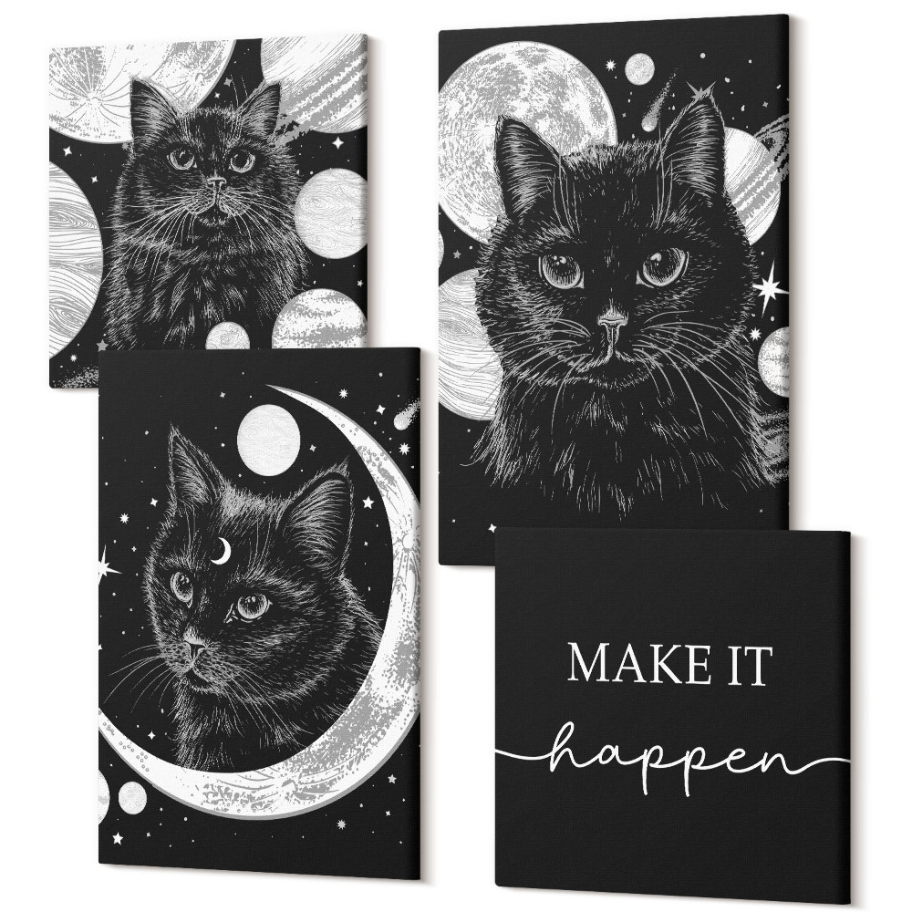 Sada 4 obrazů Černé kočky na pozadí měsíce a planet ve vesmíru