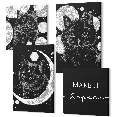 Sada 4 obrazů Černé kočky na pozadí měsíce a planet ve vesmíru