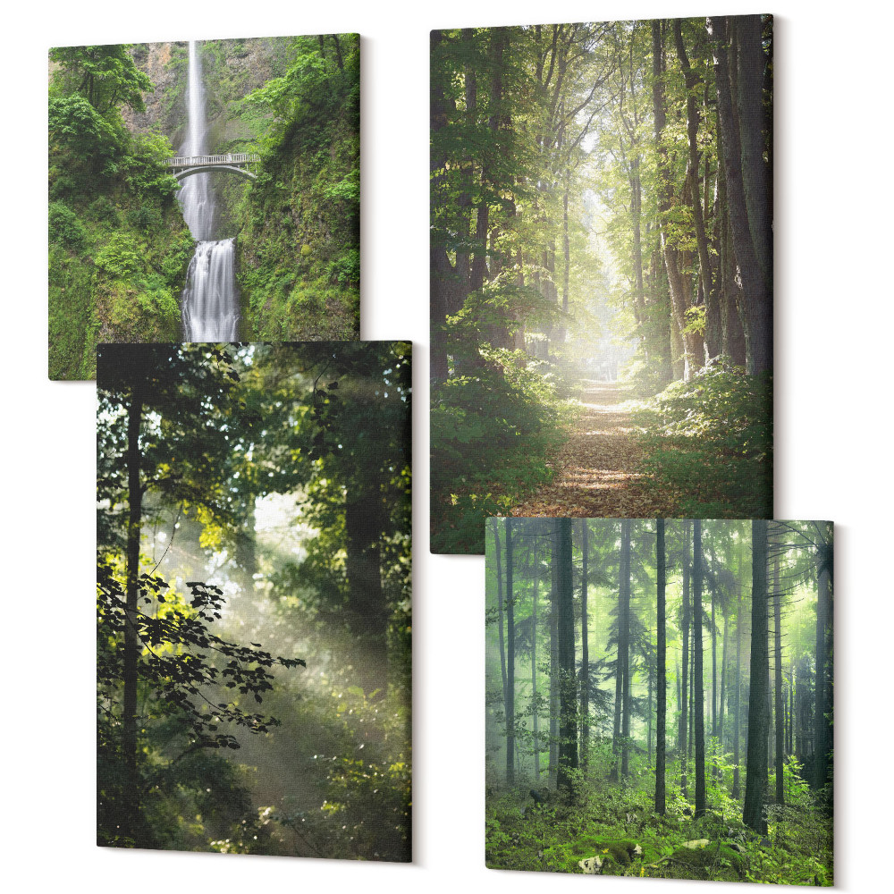 Sada obrazů na zeď kvadryptych Zelené lesy s paprsky světla a lesní cesta