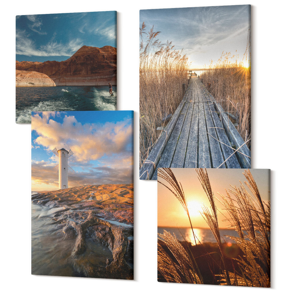 Sada obrazů kvadryptych Pohled na maják u moře, tráva a dřevěné molo