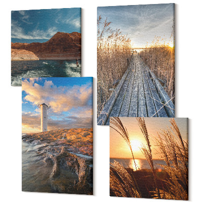 Sada obrazů kvadryptych Pohled na maják u moře, tráva a dřevěné molo