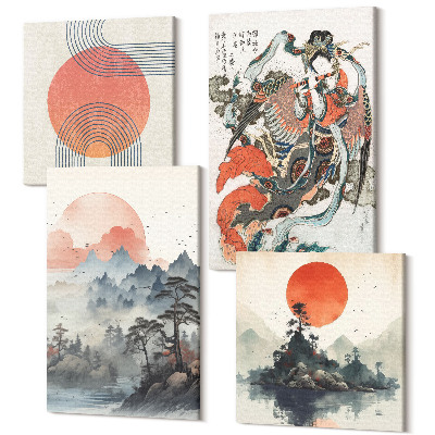 Sada 4 obrazů Asijské krajinomalby a portréty v japonském stylu