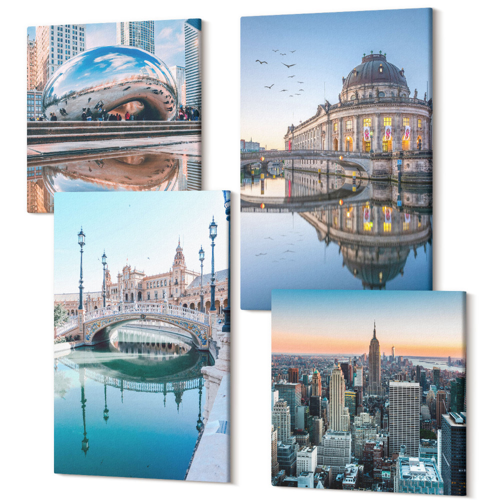 Sada obrazů kvadryptych Městská architektura se odráží ve vodě