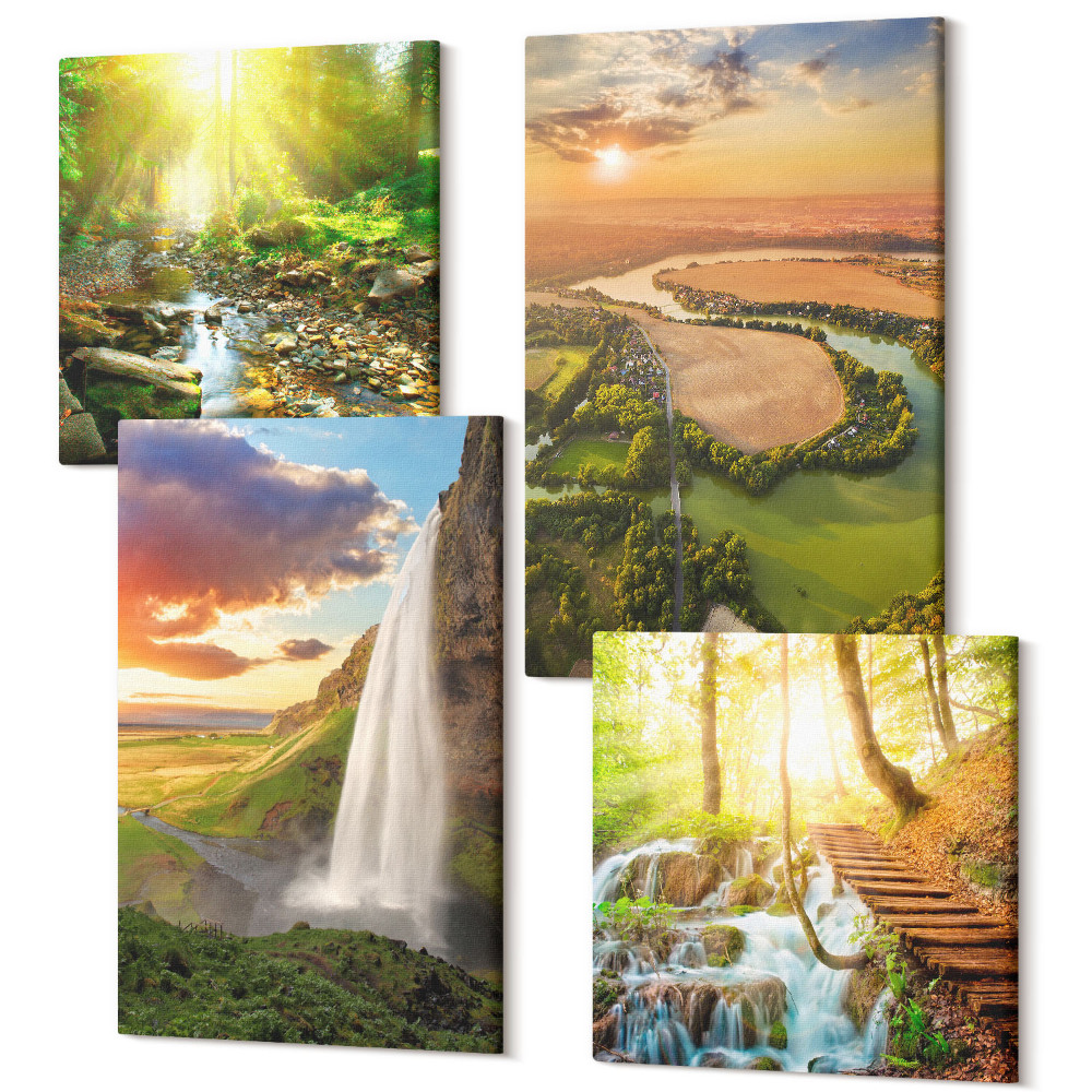 Sada 4 obrazů Vodopád horské pomeranče italská krajina se západem slunce