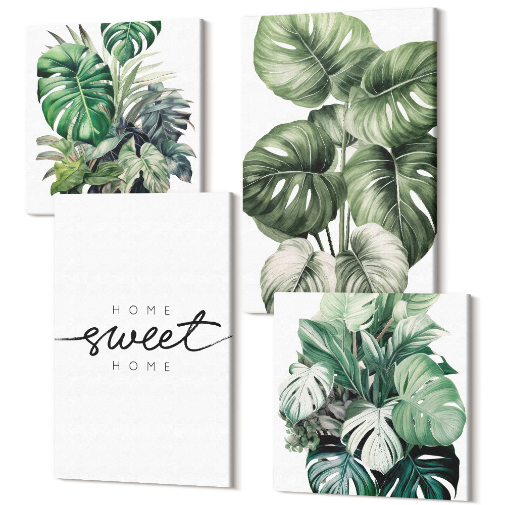 Sada obrazů na zeď kvadryptych Zelené rostliny se slovy Sweet Home