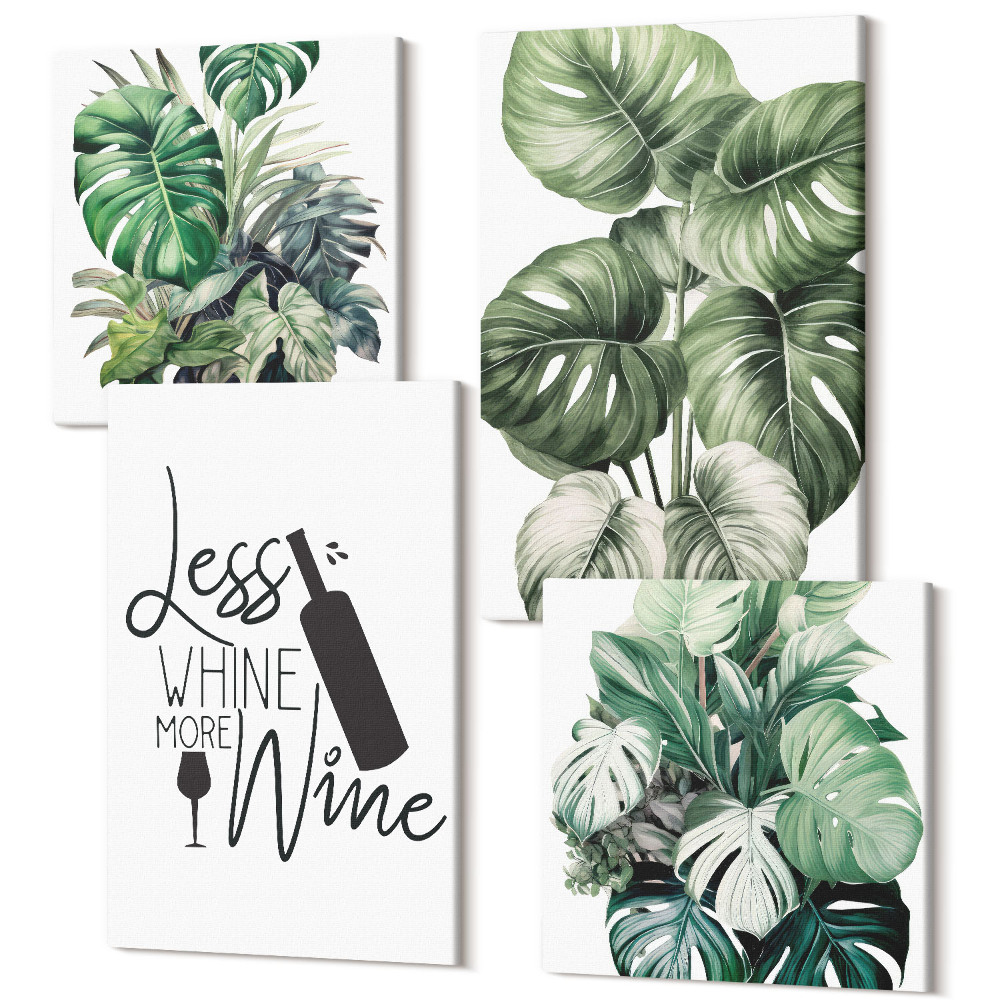 Sada obrazů kvadryptych Listy rostlin v odstínech zelené s nápisem o víně