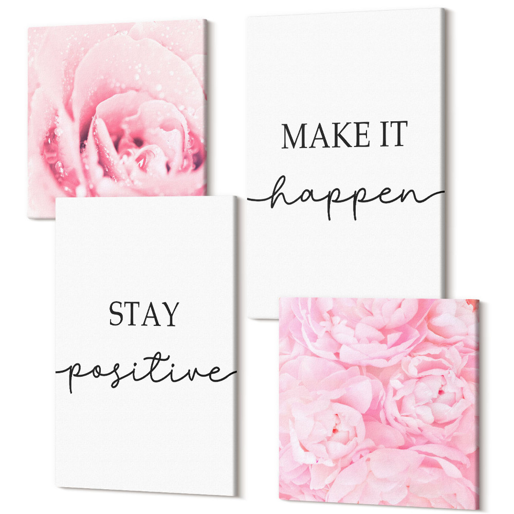 Sada 4 obrazů Minimalistický nápis inspirovaný růžovými květy