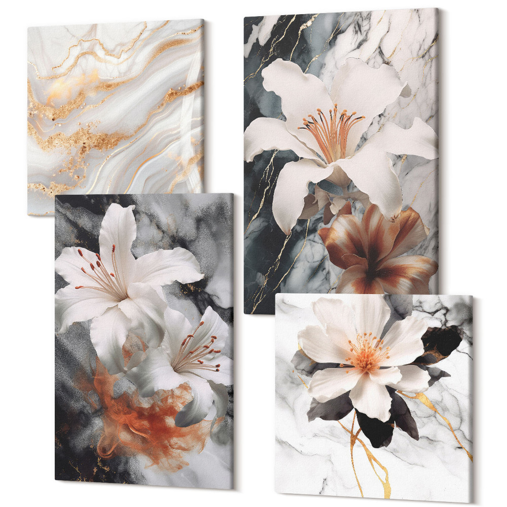 Sada obrazů kvadryptych Květiny na mramorovém pozadí v odstínech bílé a černé