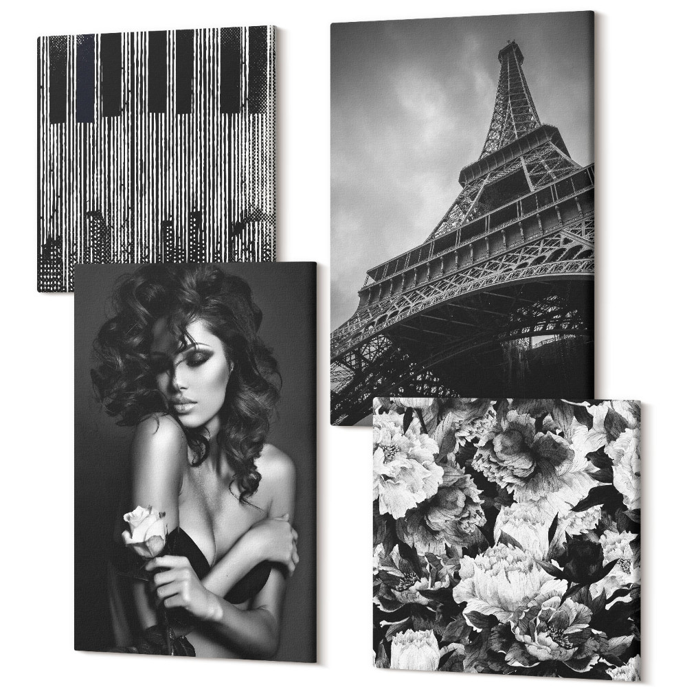 Sada 4 obrazů Portrét ženy s růží, Eiffelova věž abstrakty