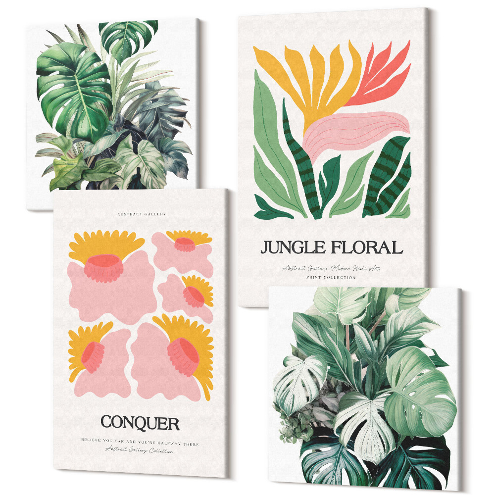 Sada obrazů na zeď kvadryptych Květiny a listy v moderním stylu plakátů