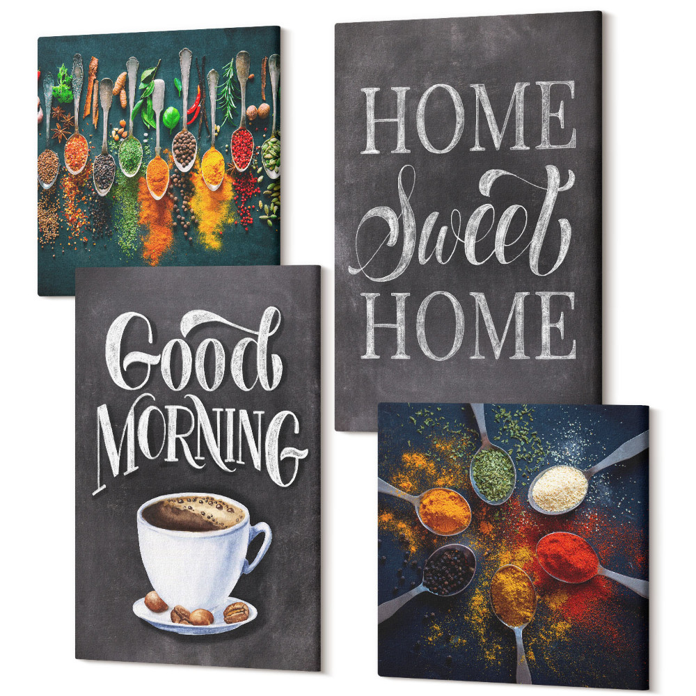 Sada 4 obrazů Koření kávy šálkem kuchyňské bylinky koření