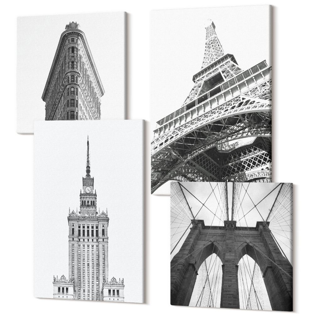 Sada obrazů na zeď kvadryptych Architektonické budovy v černém a bílém minimalismu