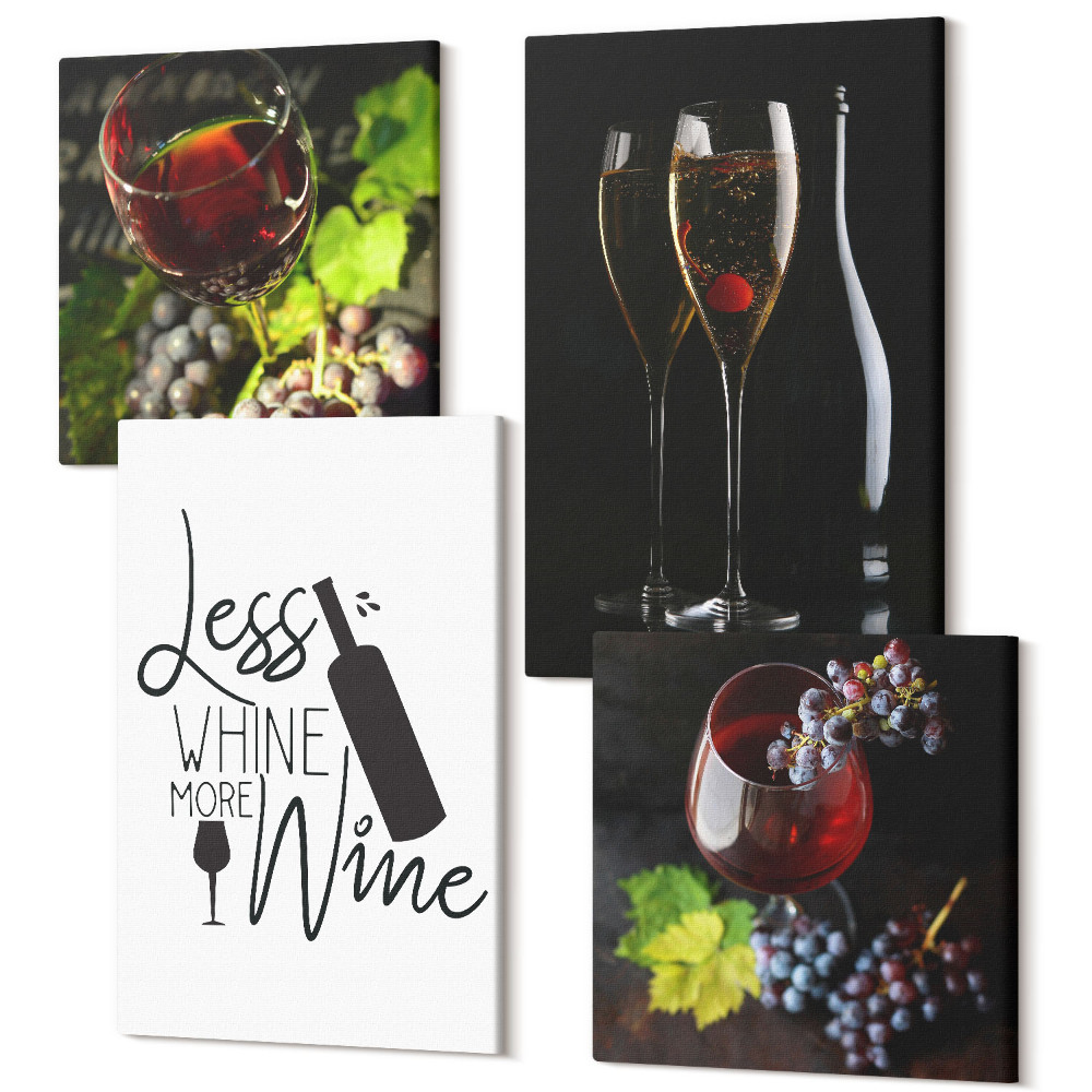 Sada obrazů kvadryptych Sklenice vína s hrozny a nápisem o víně