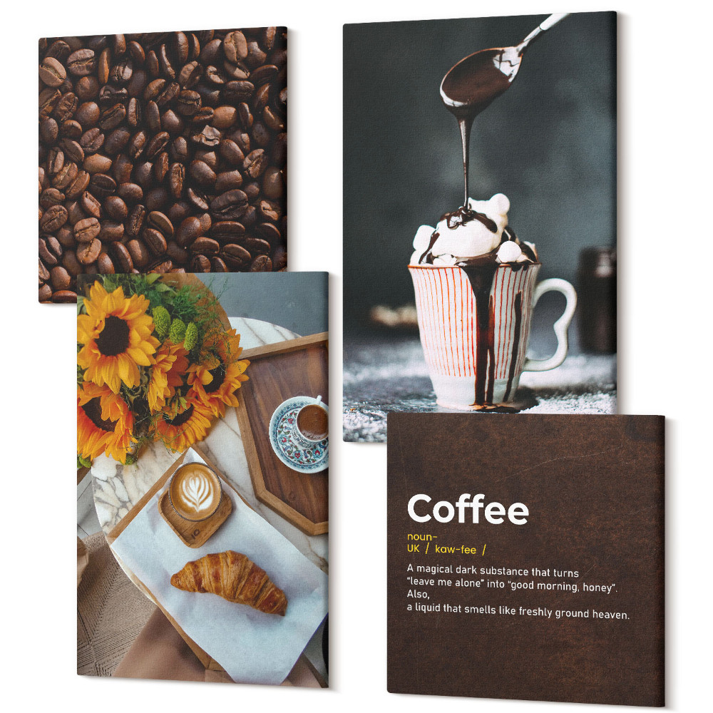 Sada obrazů na zeď kvadryptych Definice zrnkové kávy italské snídaně
