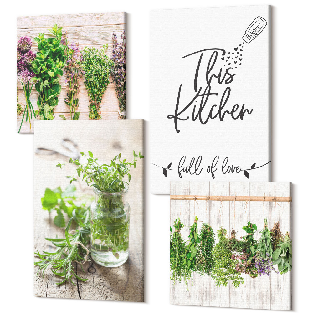 Sada 4 obrazů Motiv kuchyně s nápisem sušené bylinky