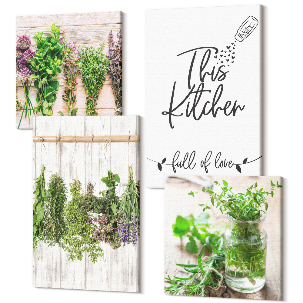 Sada obrazů na zeď kvadryptych Sušení bylinek a rostlin do kuchyně