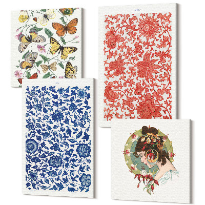 Sada obrazů na zeď kvadryptych Vintage květiny motýli a ozdoby plakáty