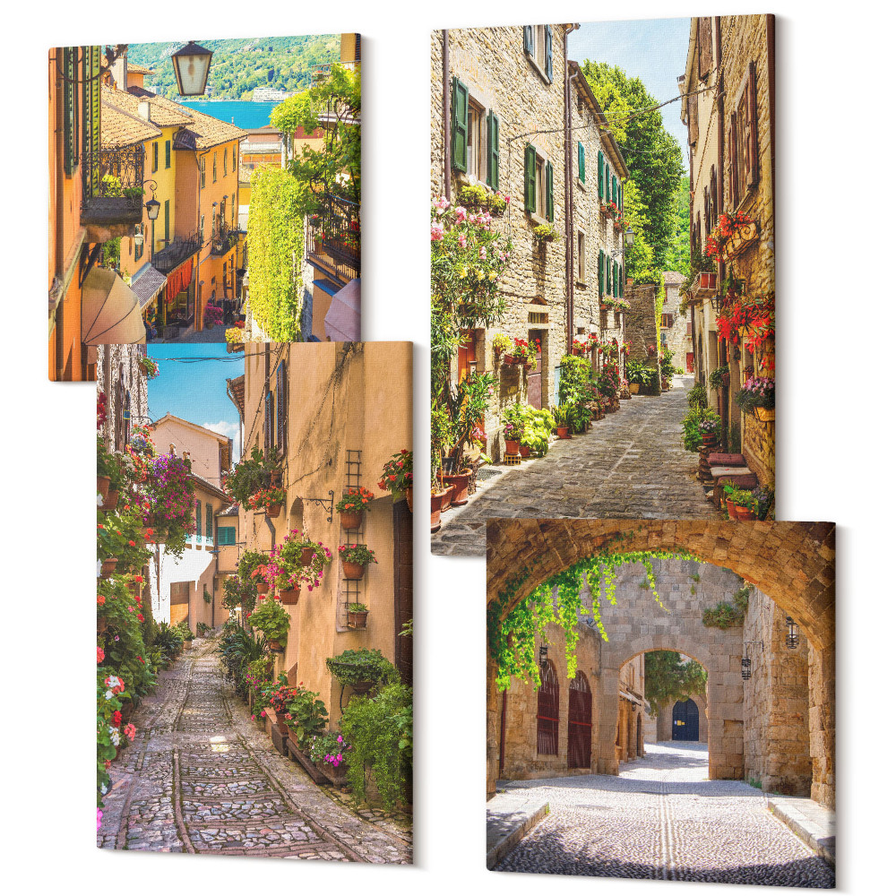 Sada 4 obrazů Italské uličky s květinami a krajinnou architekturou