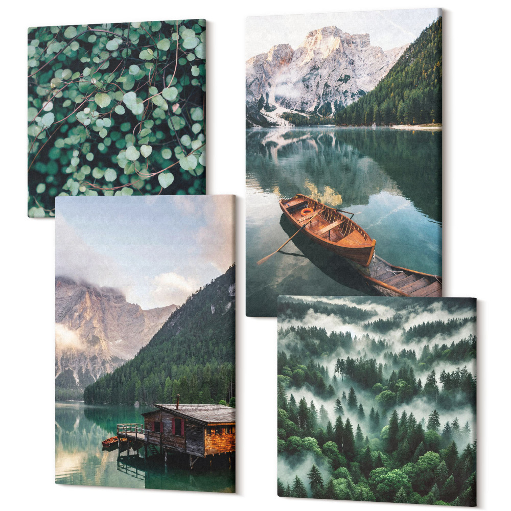 Sada obrazů na zeď kvadryptych Horské krajiny s jezerem, lodí a lesem v mlze