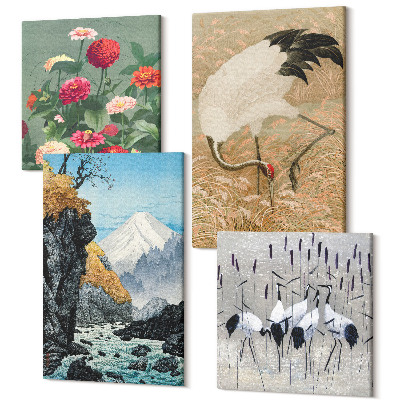 Sada obrazů kvadryptych Hory v krajině, řeka, květiny a jeřábi v trávě