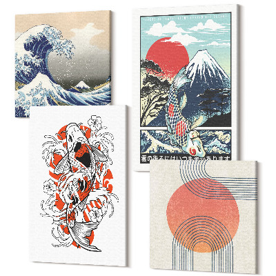 Sada 4 obrazů Ilustrace hor ryb a Velké vlny u Kanagawy, japonský styl