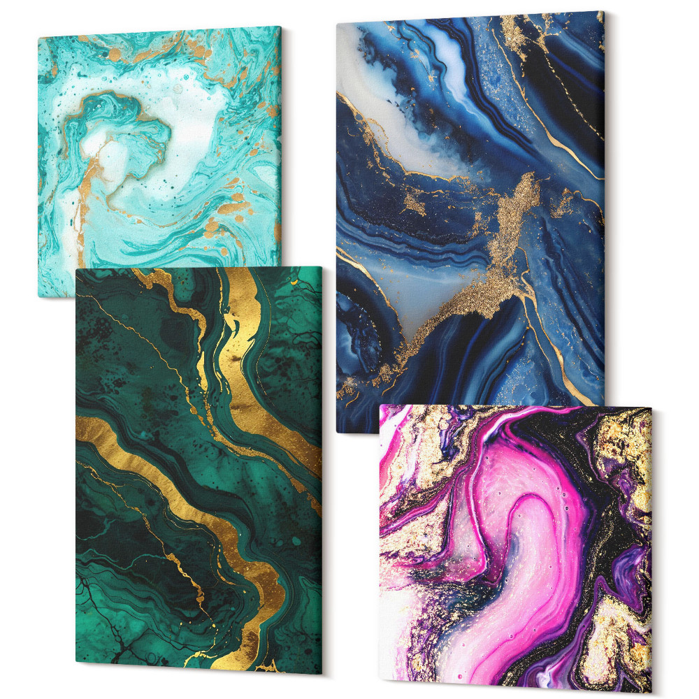 Sada obrazů na zeď kvadryptych Abstraktní vzory v odstínech růžové, zelené a modré