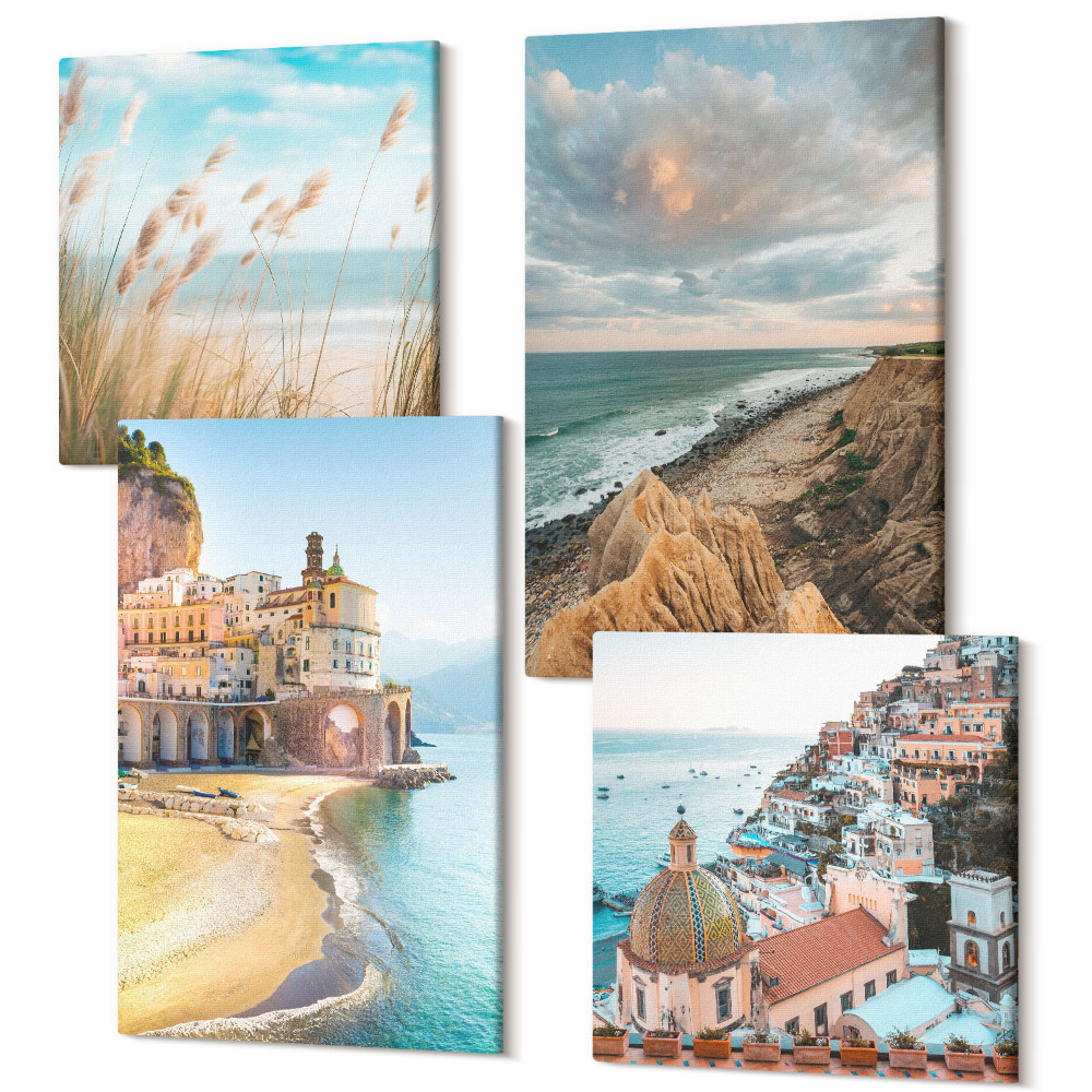 Sada obrazů kvadryptych Přímořská krajina s pláží, městem a útesy