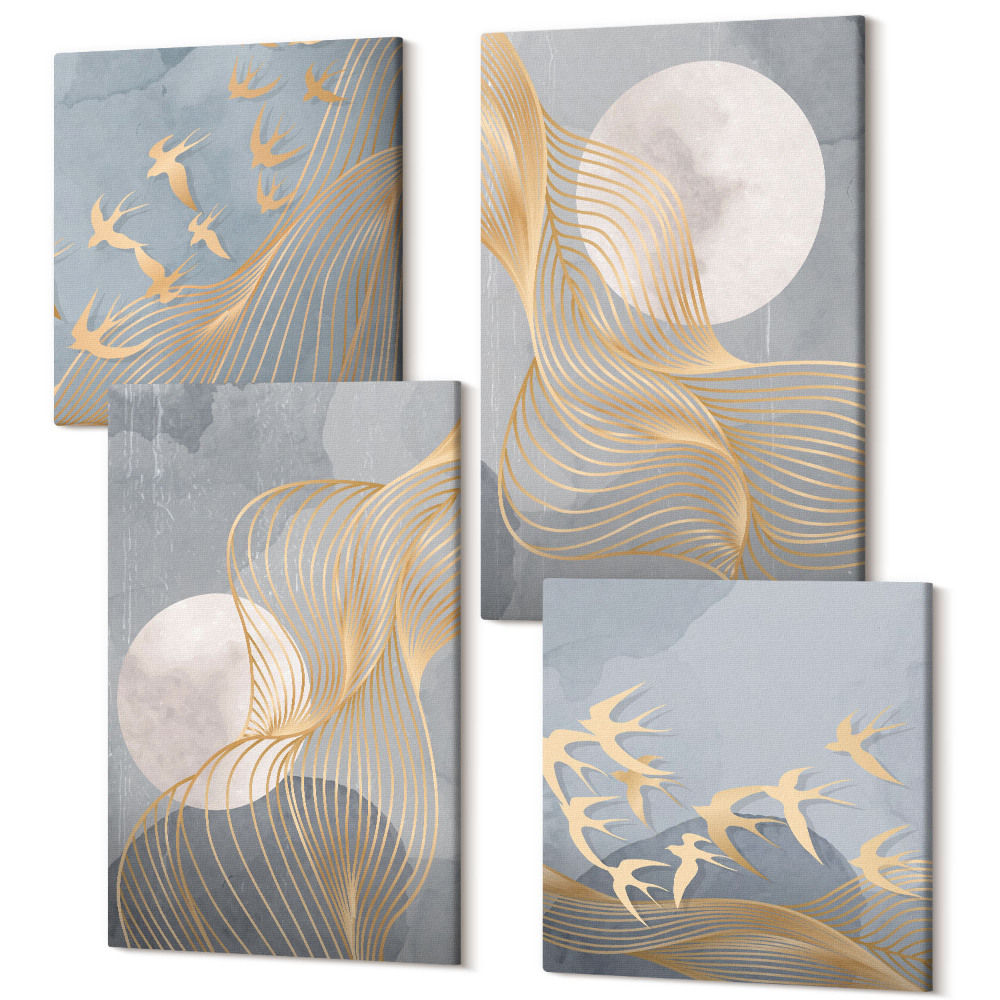 Sada obrazů na zeď kvadryptych Abstraktní vzory s vlnami a kruhy na šedém pozadí