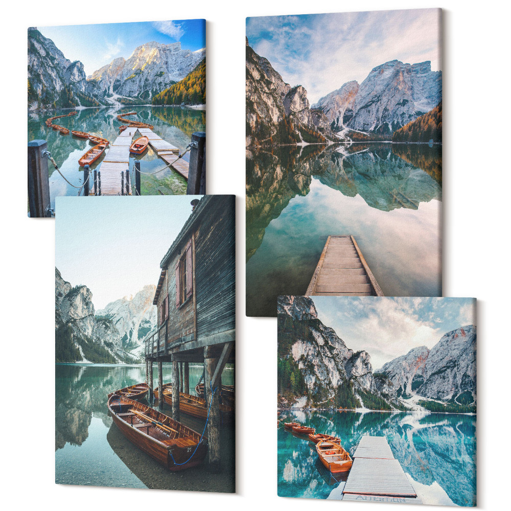 Sada 4 obrazů Klidné jezero v horách s dřevěnými loděmi