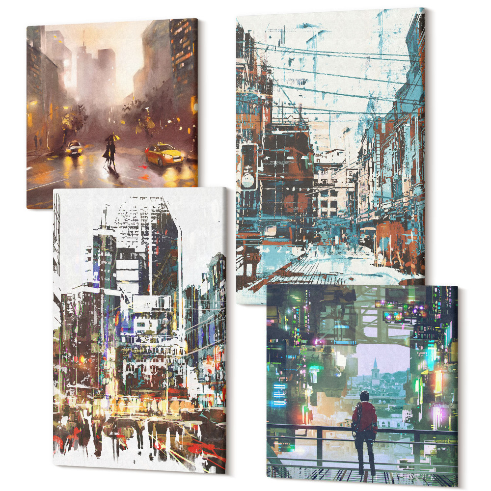 Sada obrazů kvadryptych Moderní města v barvách s postavou v pozadí