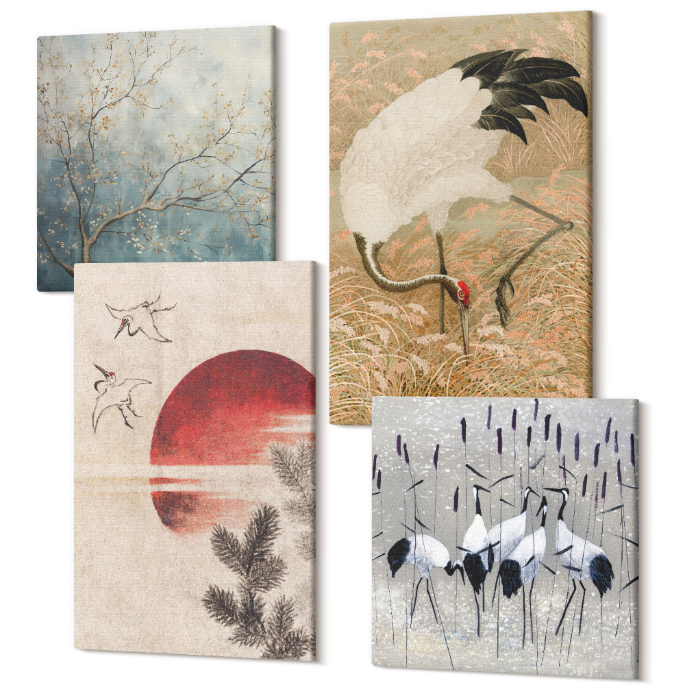 Sada obrazů kvadryptych Japonský jeřáb ilustrace krajina japandi