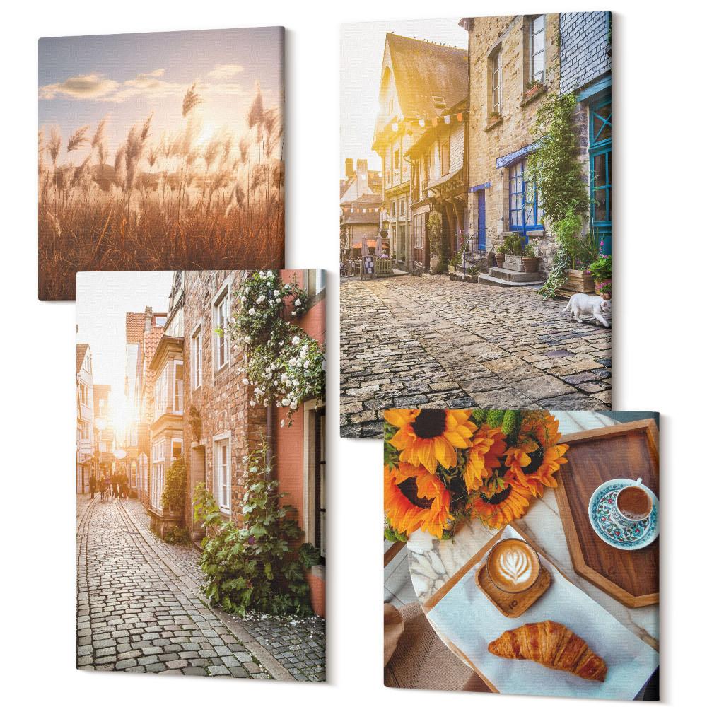 Sada obrazů na zeď kvadryptych Okouzlující uličky s kávou a slunečnicemi