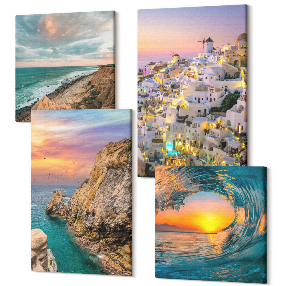Sada 4 obrazů Výhled na moře, vlny a bílé domy na Santorini, Řecko