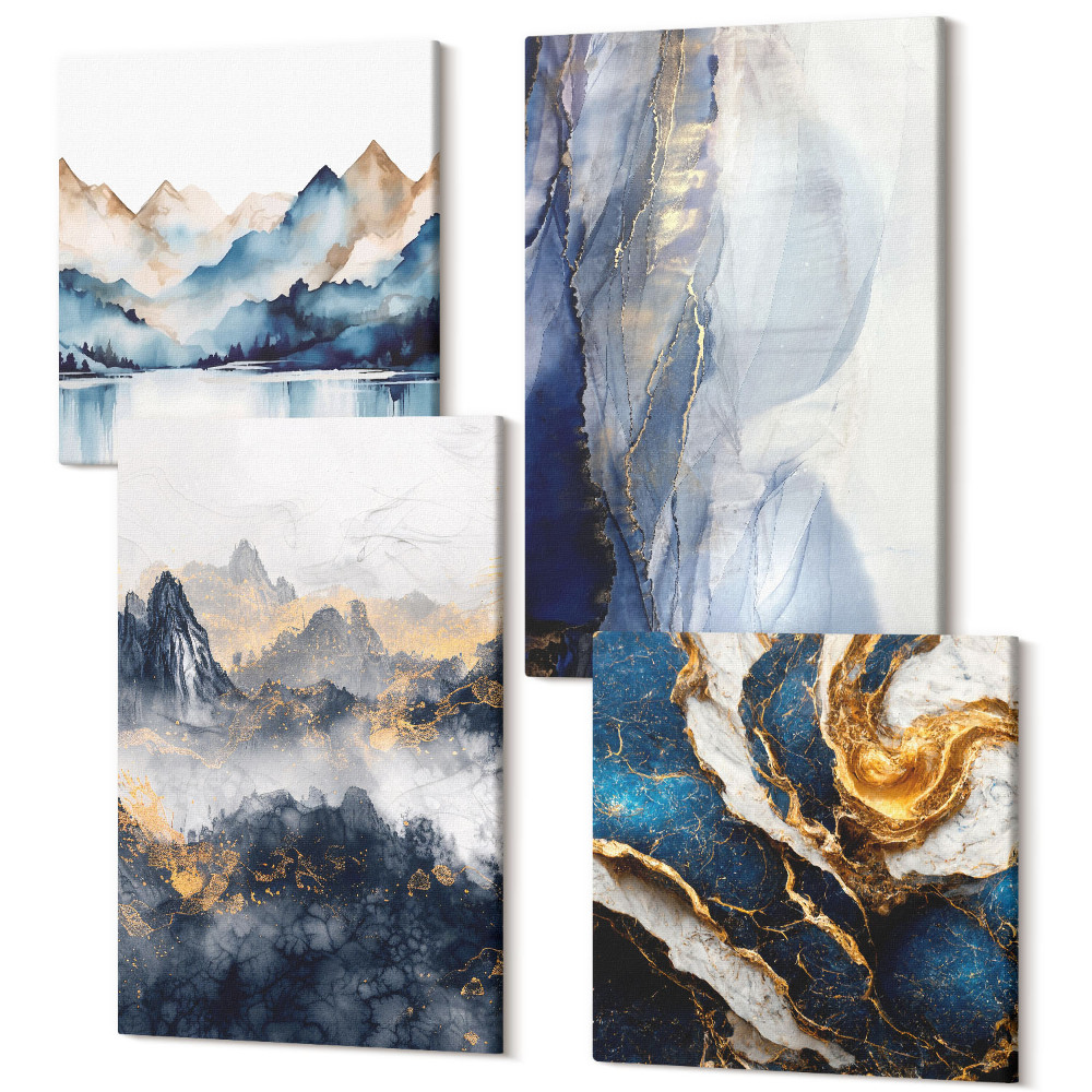 Sada obrazů na zeď kvadryptych Horské krajiny s modrými a šedými tóny