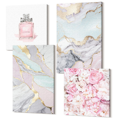 Sada 4 obrazů Růžové květy s mramorovými a pastelovými vzory