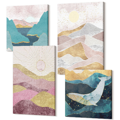 Sada obrazů kvadryptych Abstraktní krajiny s horami a sluncem